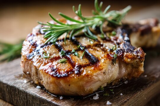 Savory grilled pork chop on a wooden board, rosemary sprigs and caramelized edges