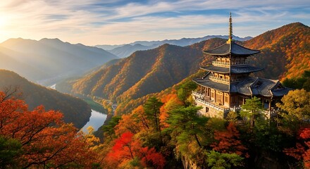 Autumn Serenity - Pagoda Amidst Colorful Mountains in Japan.