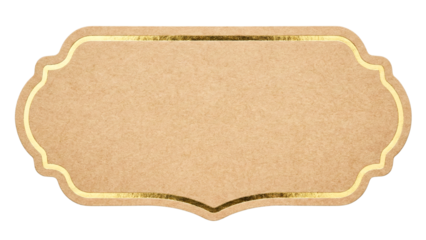 Ornate kraft paper label with curved edges and metallic gold trim
