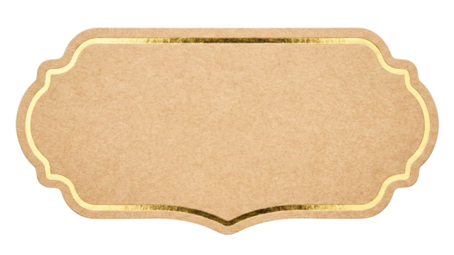 Ornate kraft paper label with curved edges and metallic gold trim

