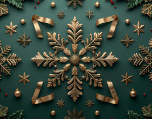 Luxurious Golden Snowflake Ornament and Holly on a Deep Emerald Green Background: Elegant Christmas and New Year Theme