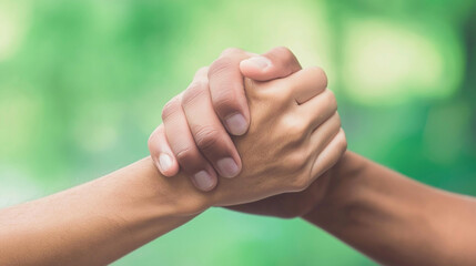 People joining hands in a strong clasp, symbolizing partnership, collaboration, and collective human effort, building trust and fostering unity for mutual success