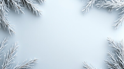 Frosty pastel blue gradient snowflake border with elegant frosted evergreen branches