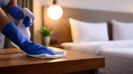 Housekeeper sprays disinfectant on a nightstand and wipes with a white cloth in a modern hotel bedroom, ensuring cleanliness, hygiene and guest safety with copy space
