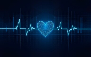 Tech illustration of dotted heart, heartwave on digital grid. Futuristic tech, innovation meet medical science, cardiology, healthcare. Blue, cyan colors on dark background. Modern digital