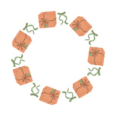 Festive round frame with presents . Colorful circular frame decorated with wrapped gifts, perfect for holiday greeting cards, posters or festive designs.