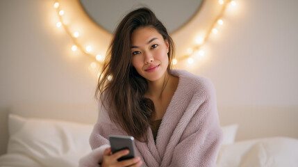 Young asian woman smiling at the camera, relaxing in bed while wearing a fluffy bathrobe, holding a smartphone, and enjoying a cozy moment in her apartment