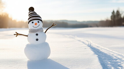 Fototapeta premium Snowman, snow, winter, hat, scarf, carrot, button