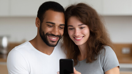 Smiling interracial couple cuddled on a couch, sharing a smartphone and laughing together while browsing social media and enjoying a relaxed, joyful moment at home