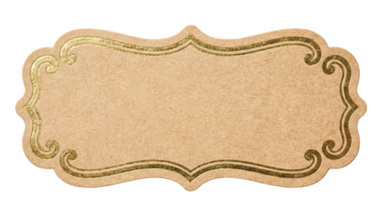 Decorative kraft paper label with wide curved edges and gold trim
