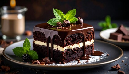 Decadent square chocolate cake slice, with creamy filling, on a plate with mint garnish and scattered chocolate chunks