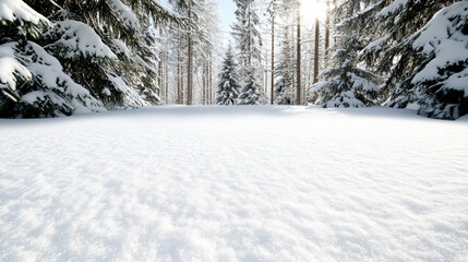 Fototapeta premium Snowy forest floor snow pine tree winter sunlight evergreen snowdrift frost serene landscape