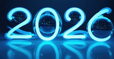 Bright blue neon digits display year 2026. Cityscape reflected within numbers. Dramatic lighting, glossy surface, futuristic design.