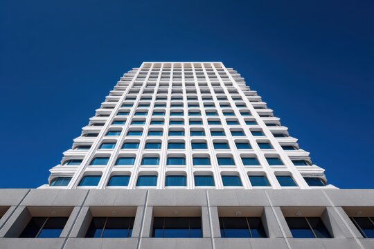 Low angle view of modern white tapered skyscraper with geometric blue windows against a clear sky