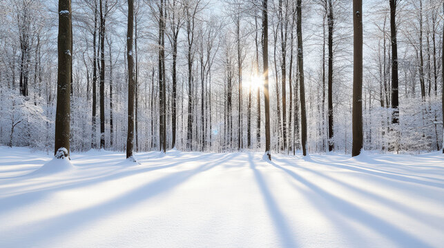 Snowy forest with long blue shadows and sunlight peeking through bare trees