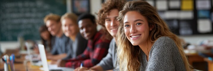 Diverse Students Studying Together in Modern Classroom