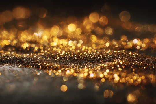 Shimmering gold particles macro background with warm bokeh and texture