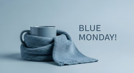 Gray mug wrapped in blue knitted scarf with text image