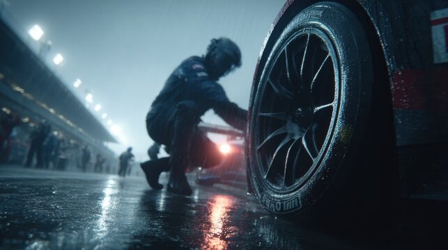 Pit Crew Mechanics Changing Tire on Race Car in Rain