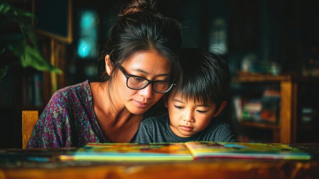 Mother with Glasses Helping Son Read a Colorful Book at Table