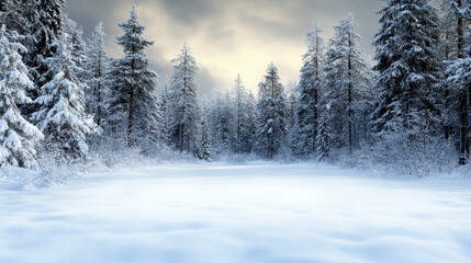 Snowy winter forest clearing with soft glowing sky and frosted evergreen silhouettes