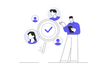Human resource manager looking for employees for companie. HR management. Hire and recruitment. Flat Cartoon Vector Illustration, icon Stylish abstract design landing page web
