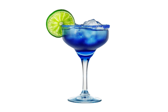 Blue Margarita with Lime Garnish Isolated on Transparent Background. Refreshing Margarita Drink with Lime Illustration.