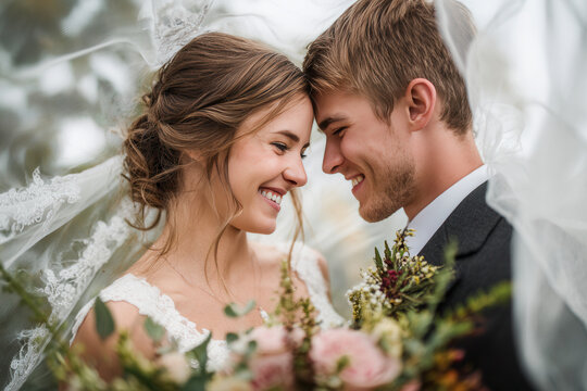 Joyful couple shares a loving moment under a veil during their outdoor wedding ceremony