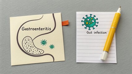 Illustration showing gastroenteritis with stomach and virus icons