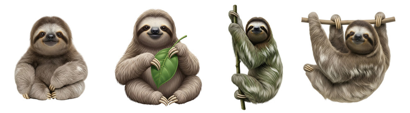 Four adorable sloths in various poses including hanging and holding a leaf in a light setting on transparent background