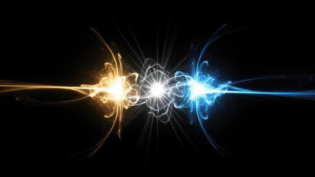 Abstract energetic particles collide with striking visuals and dynamic flow on a dark backdrop