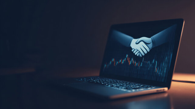 Laptop displaying handshake and stock chart, symbolizing deal and finance