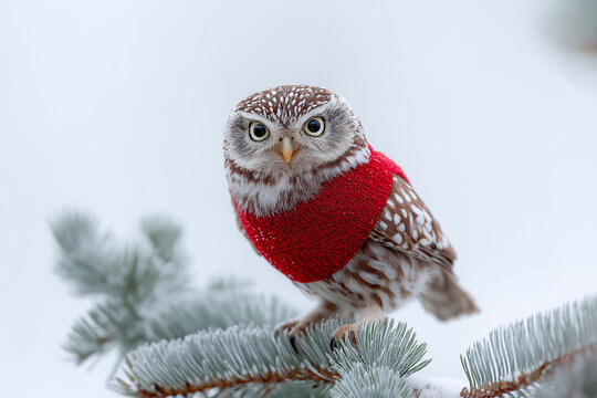 An owl perched on a tree branch, wearing festive winter clothing in a snowy holiday scene.