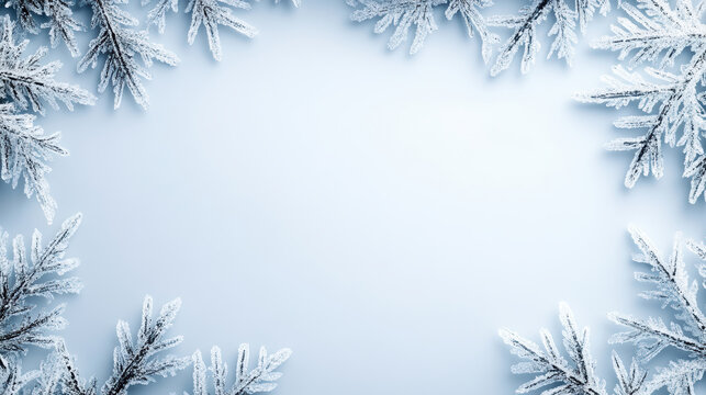 Frosted evergreen branch winter border icy pine needles cold background seasonal frame - Powered by Adobe