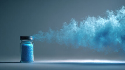 Mysterious blue powder emanates from a small glass jar, creating an ethereal cloud