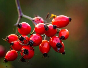 Close-up of glossy, ripe red rose hips on a thorny branch, out-of-focus background
