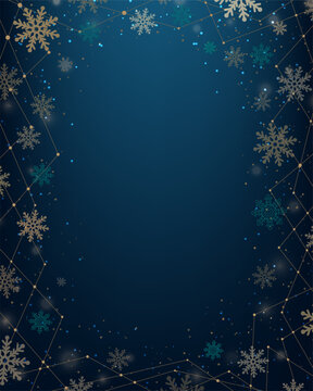 winter christmas holiday background with elegant golden teal snowflakes and glowing geometric border in dark blue festive design for seasonal celebrations and luxurious decorative themes