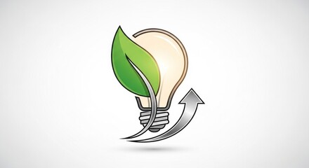 A green leaf with a light bulb inside, surrounded by a white background with a gray arrow pointing upwards.