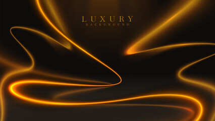 Gold neon glow line on dark stage, Black luxury background. Vector illustration.