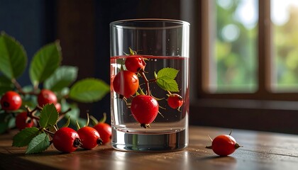 Bright rose hips in clear water glass on a dark wooden table, near a green leaved branch, by window with blurry light