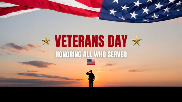 Veterans day honoring all who served with american flag and silhouette saluting at sunset