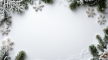 Snowflake pine branch snow border on white background with gentle winter mood