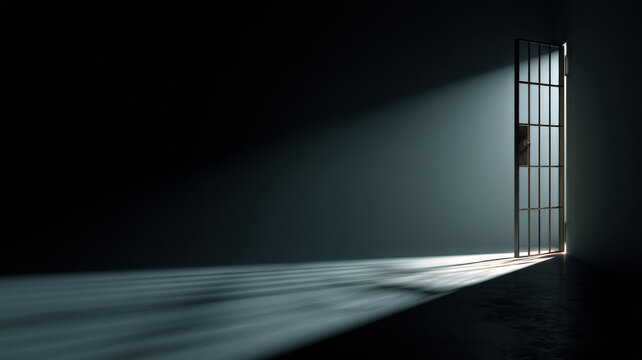 An open jail cell with light shining through the door
