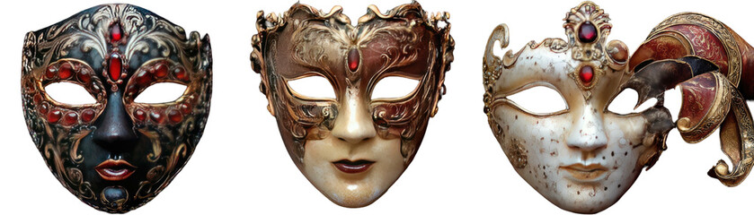 Three ornate Venetian masks with intricate details