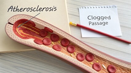 Medical illustration depicting atherosclerosis and blocked blood flow