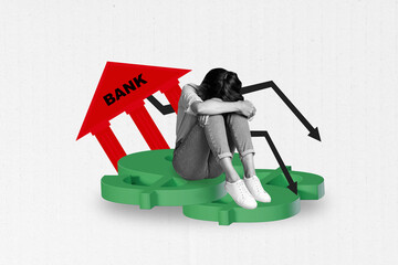 Sketch image sketch 3d collage poster of inexperienced businesswoman sit bank building arrow...