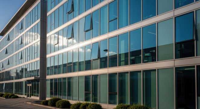A modern office building with glass windows and metal frames, featuring a blue sky and greenery in the foreground.