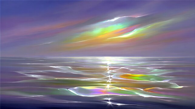 An abstract depiction of ocean waves reflecting rainbow light during a sunset, creating a surreal and colorful seascape.