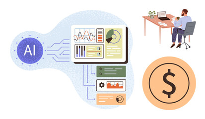 AI tool processing data charts and graphs, businessman working at desk with laptop, dollar icon. Ideal for technology, finance, innovation, business strategy, data analysis, productivity economic