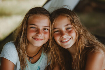 Obraz premium Happy young couple enjoying camping time together in nature, smiling outdoors in tent, relationship generative ai